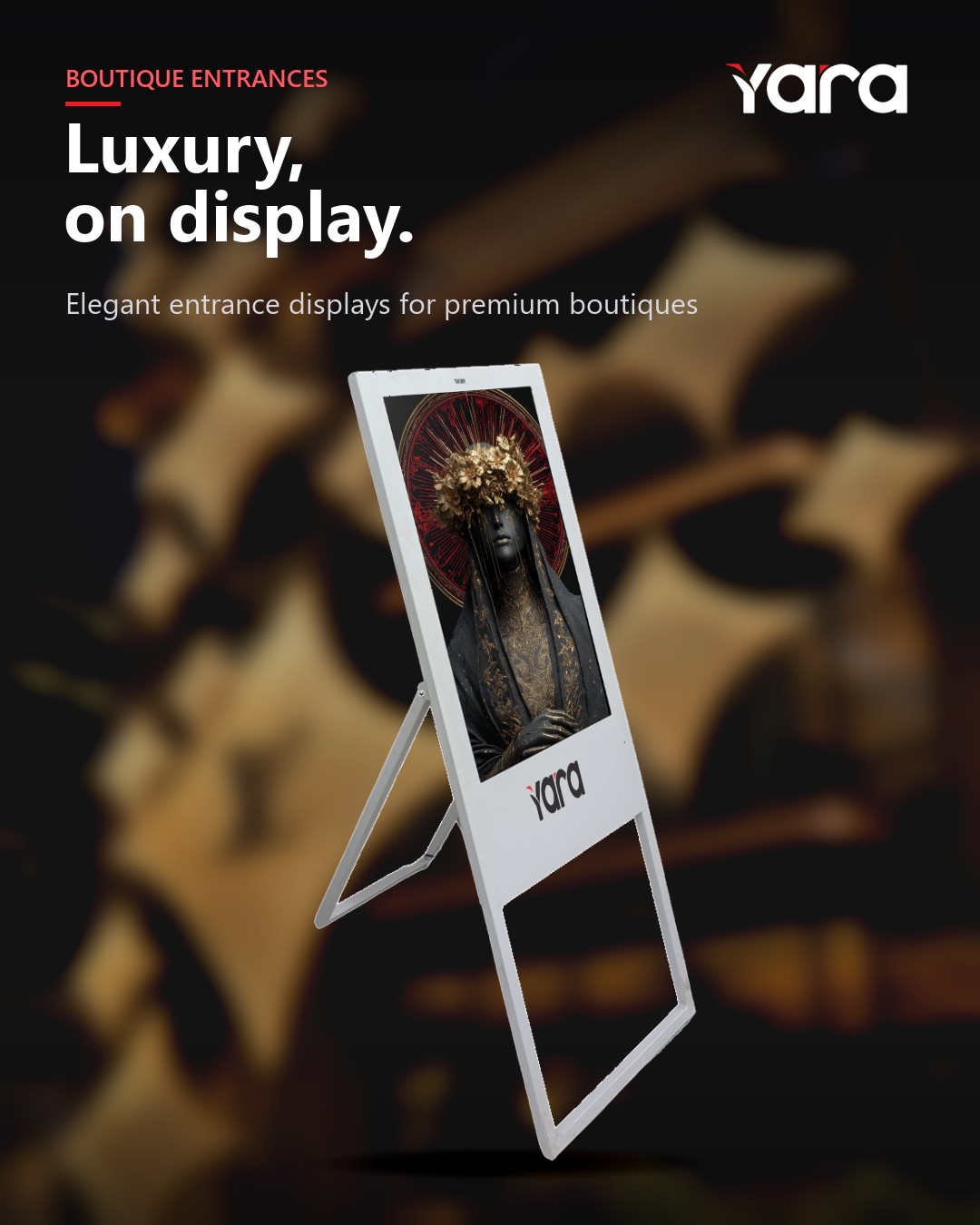 A digital A-Standee welcoming customers at a boutique entrance
