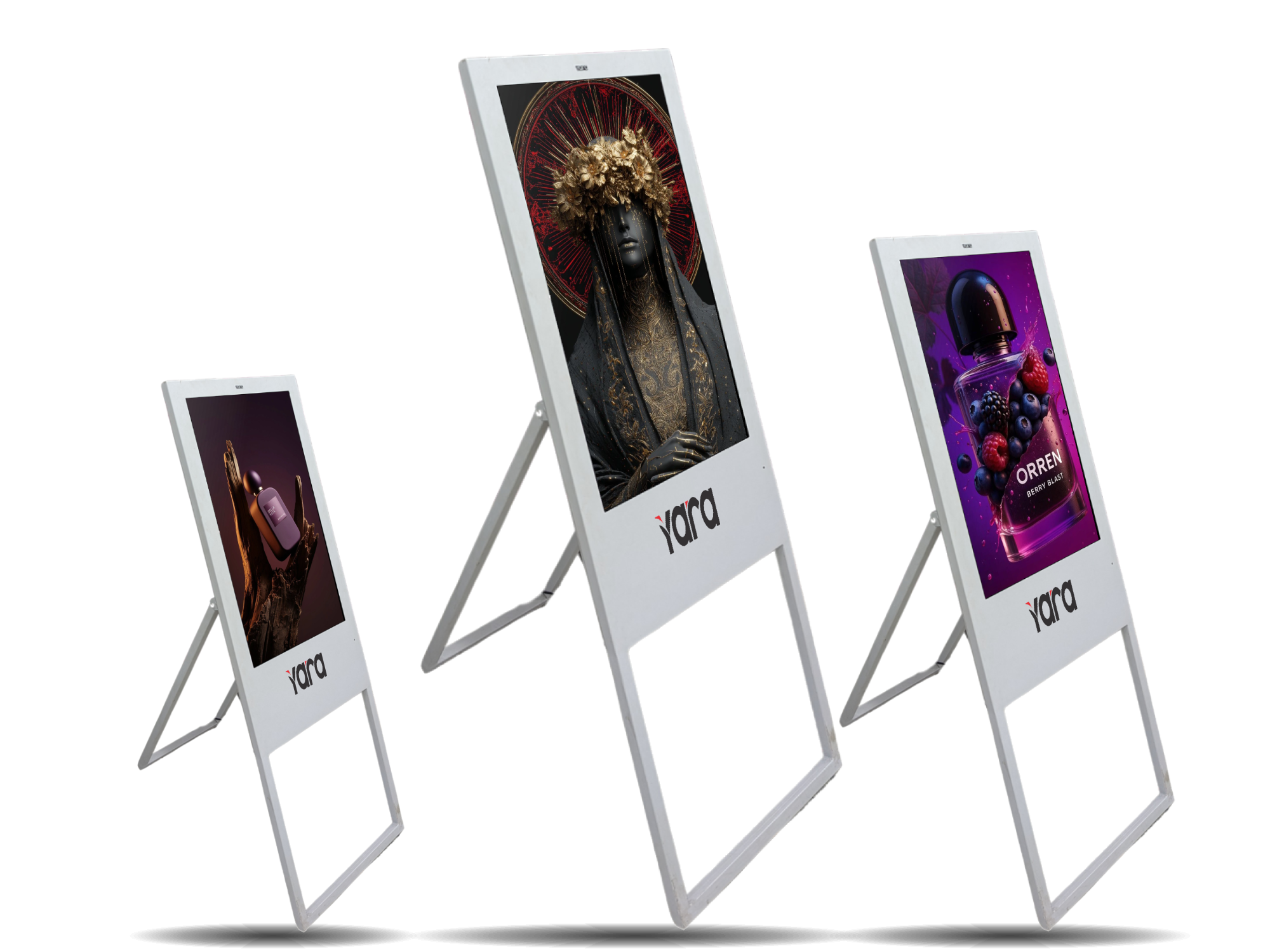 Portable Yara A-Standees in 32", 43" and 55": fold, carry and set up anywhere