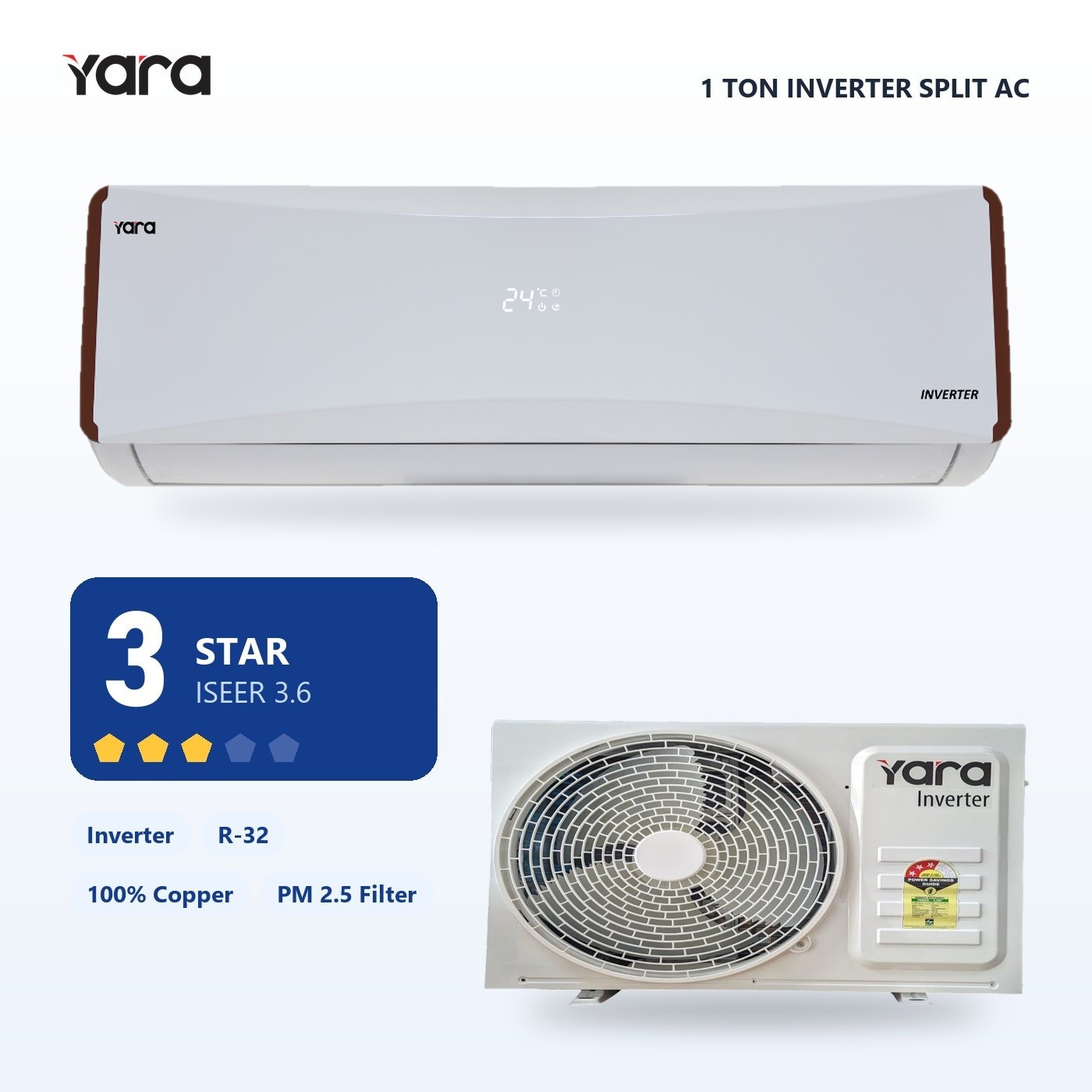 Yara 1 Ton 3 Star Inverter Split AC (AS123BS24E)
