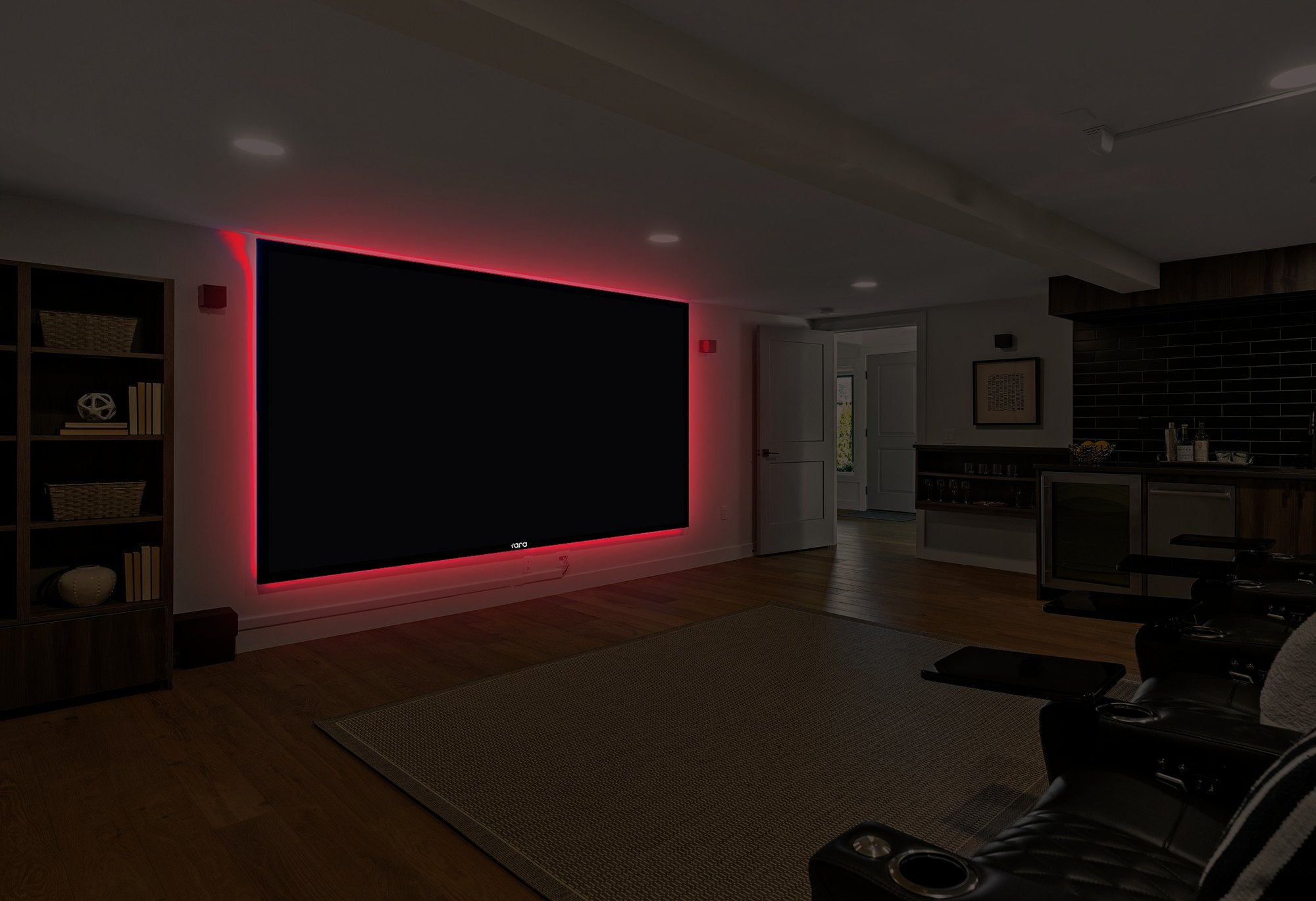 Yara Centum 100 inch 4K UHD Smart LED TV with red backlight in a dark home cinema room