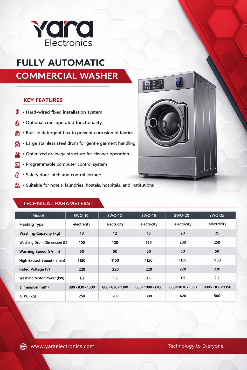Yara 10 kg Fully Automatic Commercial Washing Machine