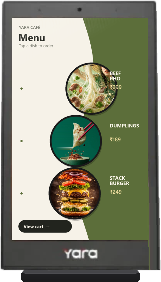 Digital menu on the Yara Table Top Standee
