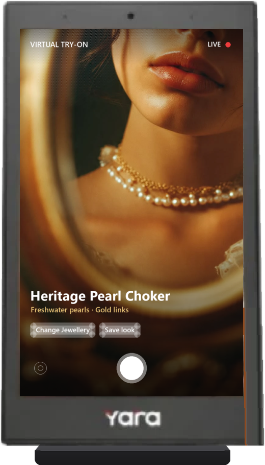 Heritage Pearl Choker virtual try-on on the Yara Table Top Standee