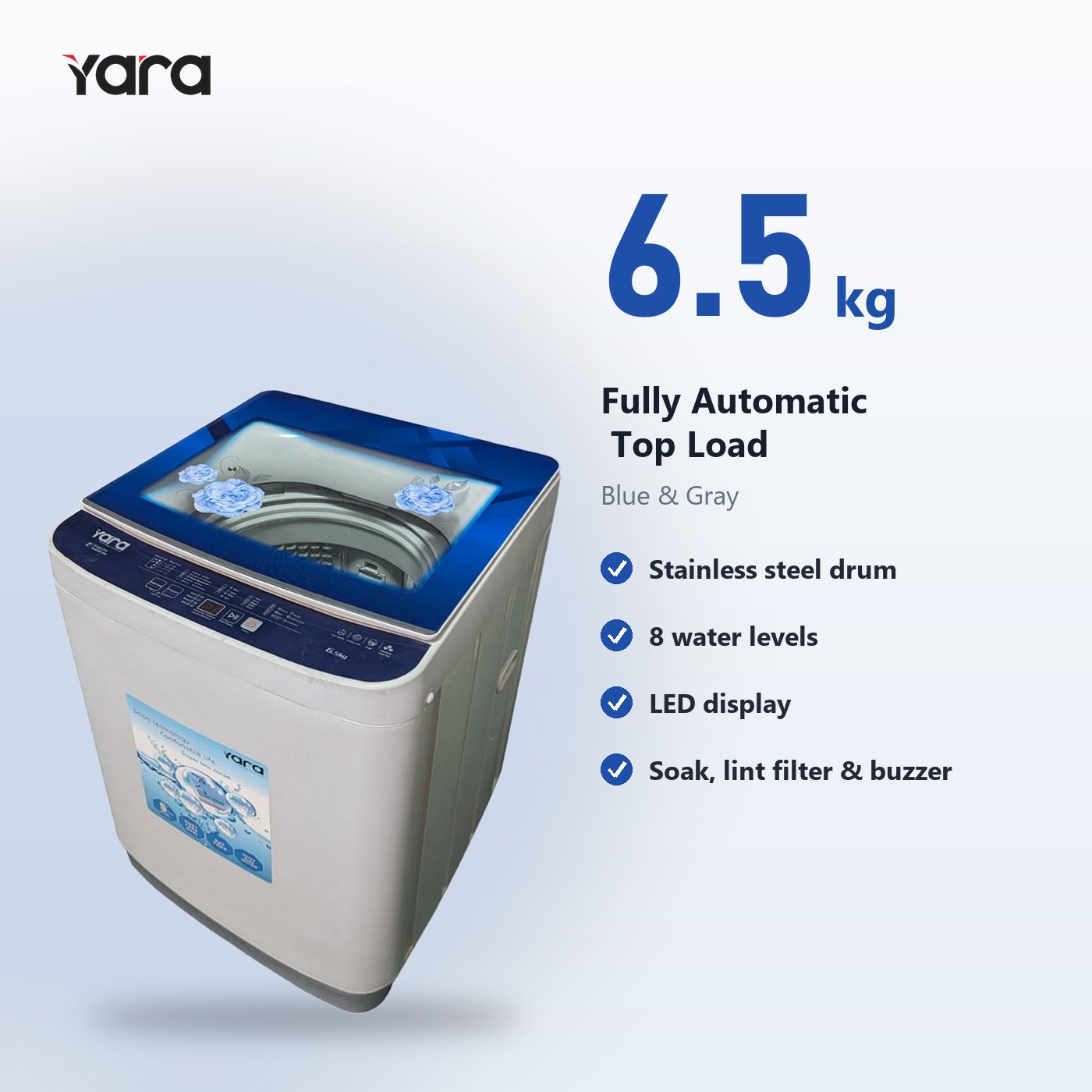 Yara 6.5 kg Fully Automatic Top Load Washing Machine – Blue Strip