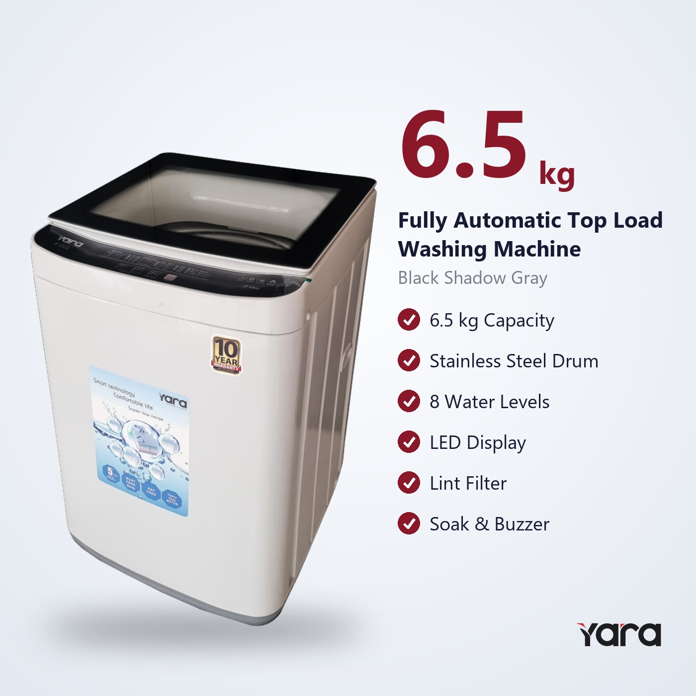 Yara 6.5 kg Fully Automatic Top Load Washing Machine – Black Strip