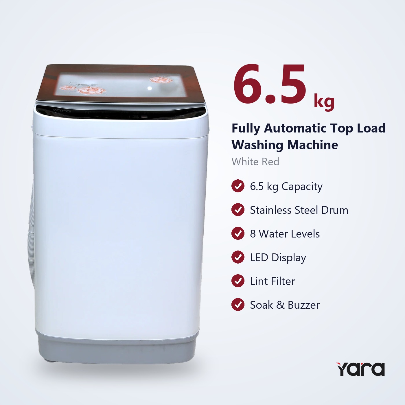 Yara 6.5 kg Fully Automatic Top Load Washing Machine – Red Flow