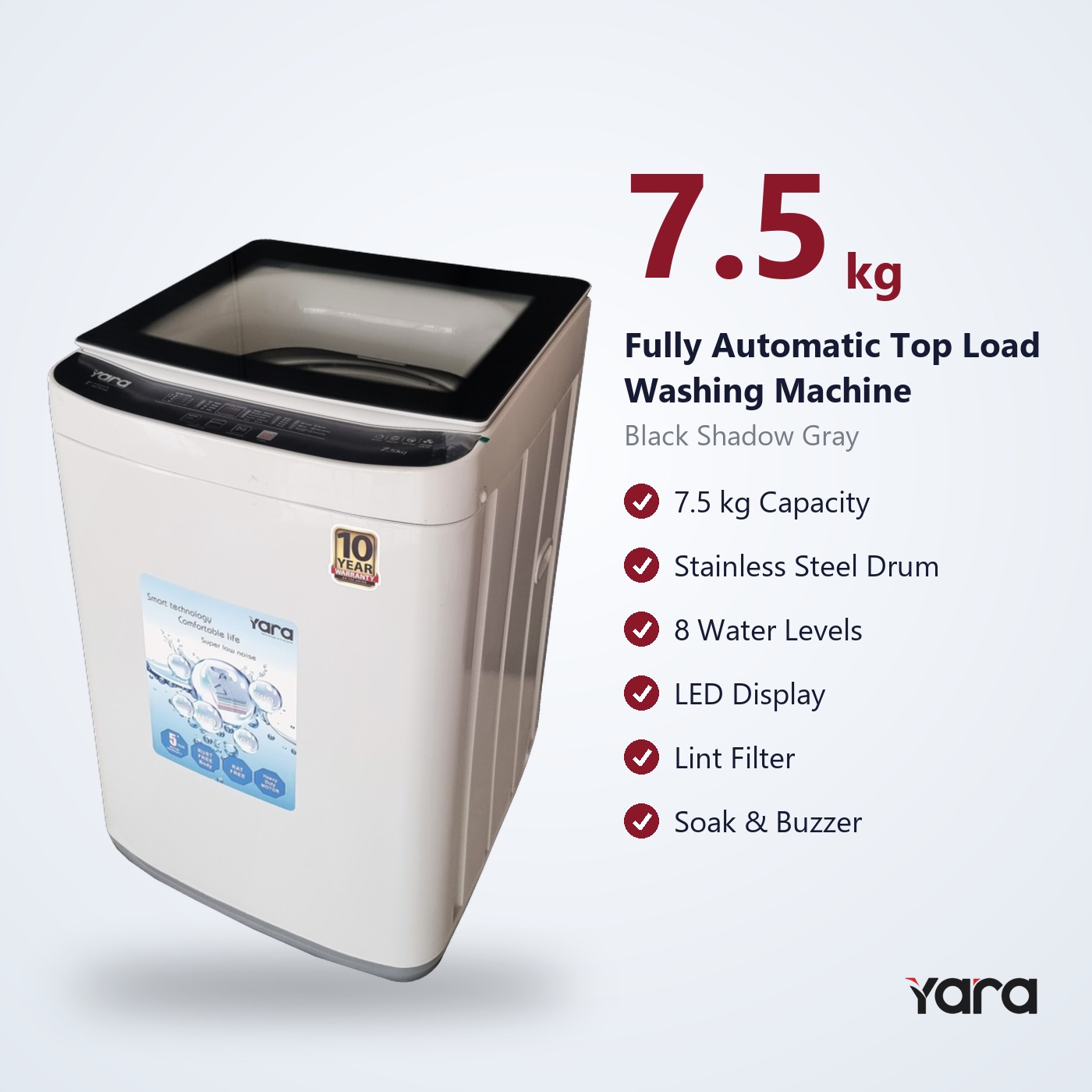 Yara 7.5 kg Fully Automatic Top Load Washing Machine – Black Strip
