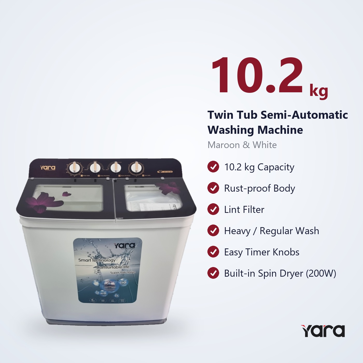 Yara 10.2 kg Semi Automatic Top Load Washing Machine – Maroon Flower