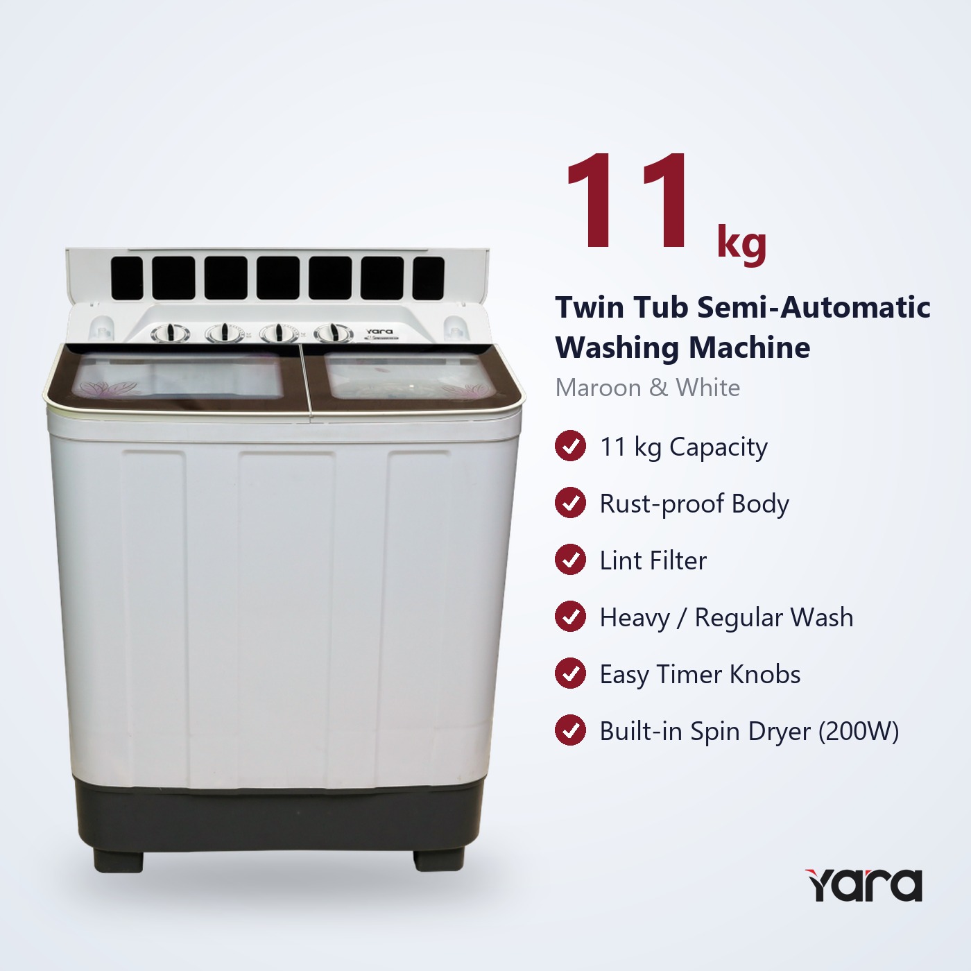 Yara 11 kg Semi Automatic Top Load Washing Machine – Maroon Strip