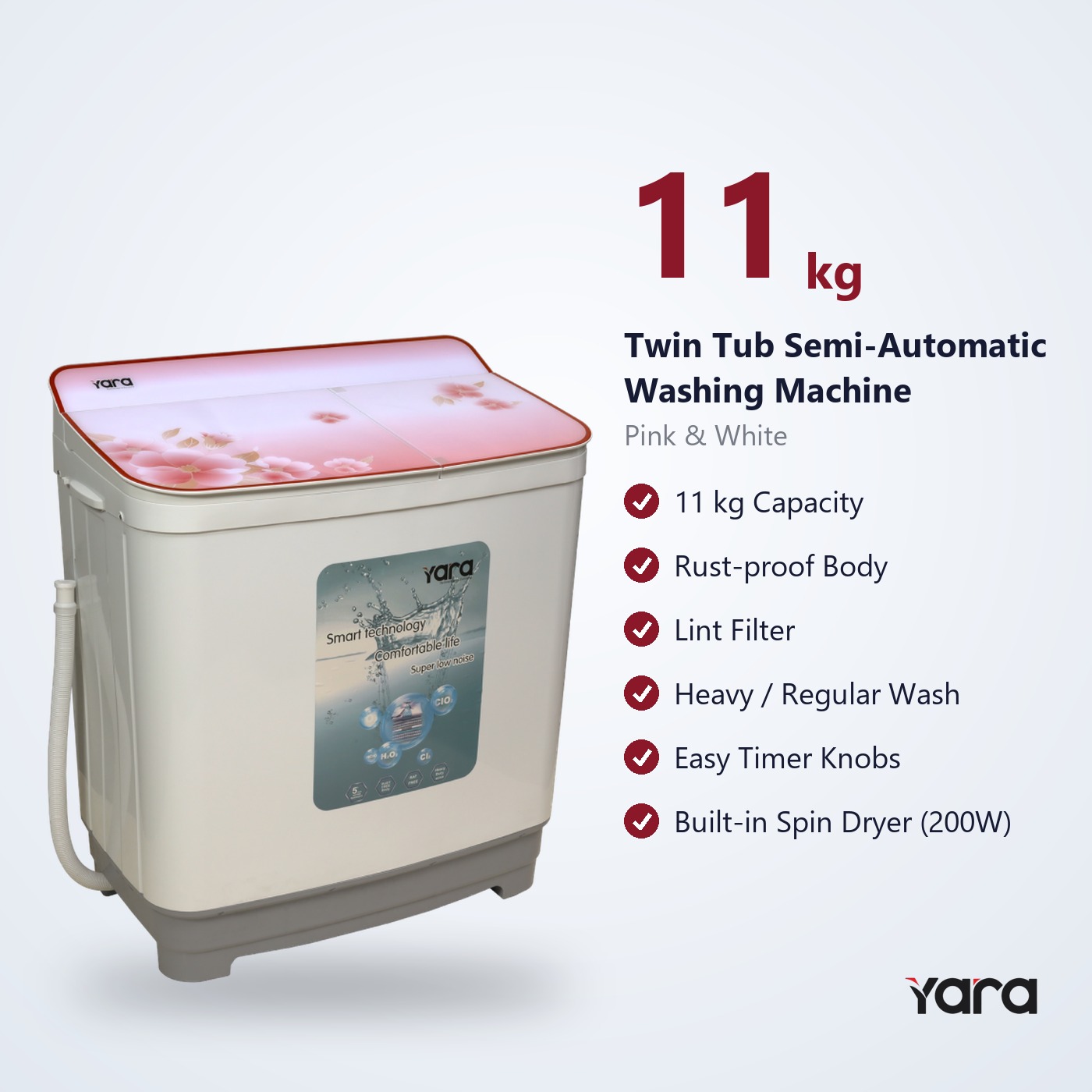 Yara 11 kg Semi Automatic Top Load Washing Machine – Pink Flower