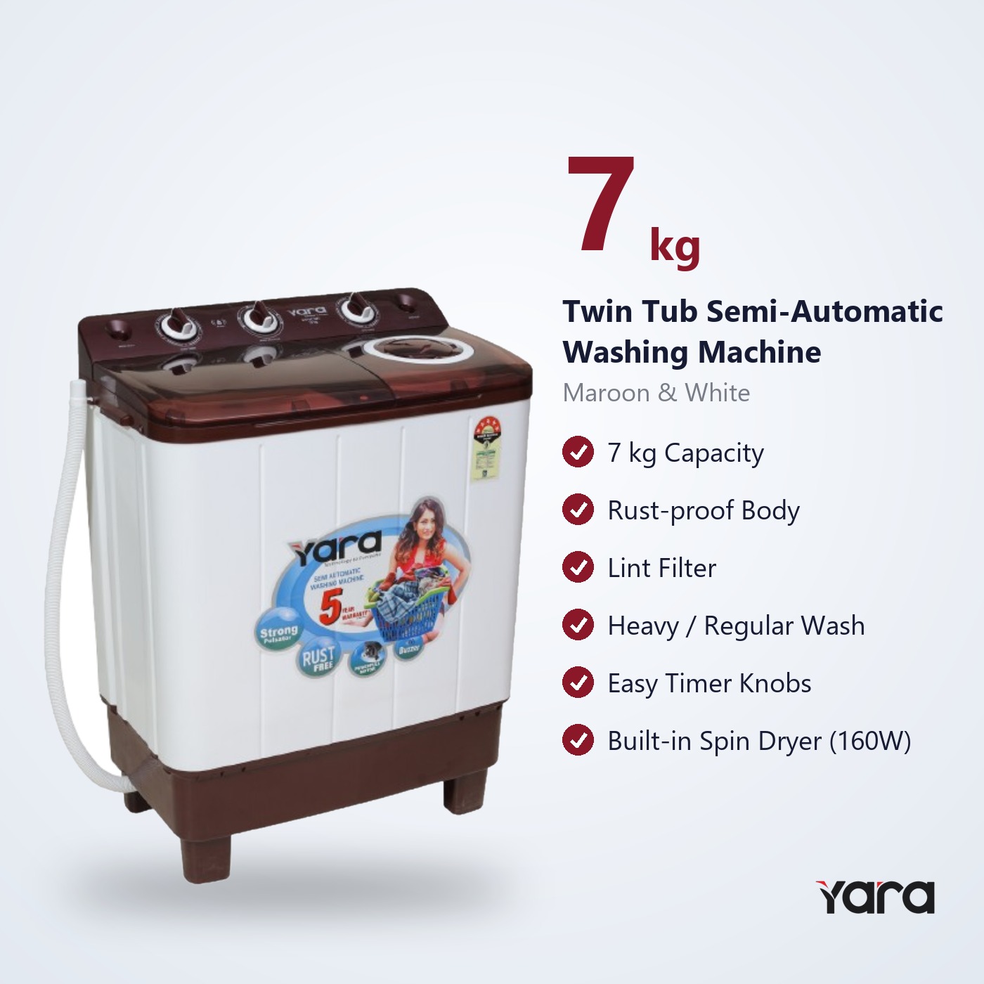 Yara 7 kg Semi Automatic Top Load Washing Machine – Maroon Lid