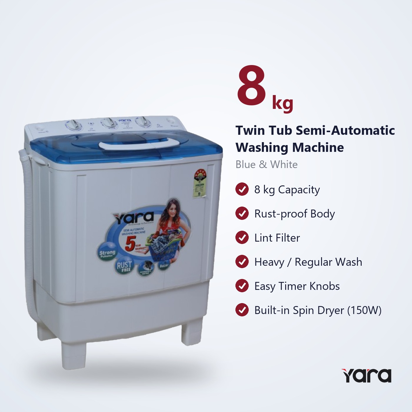 Yara 8 kg Semi Automatic Top Load Washing Machine – Blue Lid