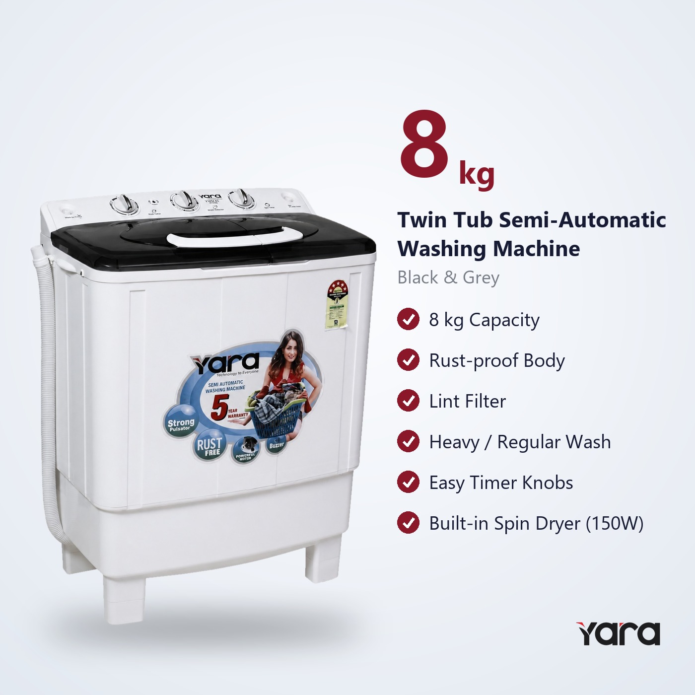 Yara 8 kg Semi Automatic Top Load Washing Machine – Black Lid