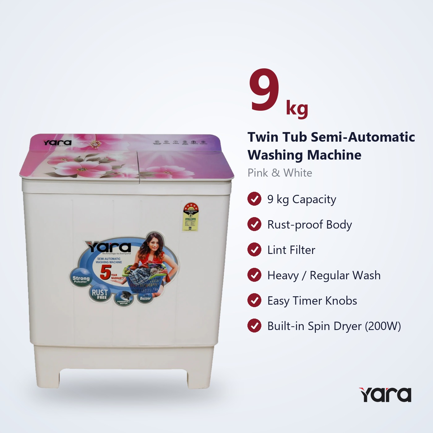 Yara 9 kg Semi Automatic Top Load Washing Machine – Pink Flower